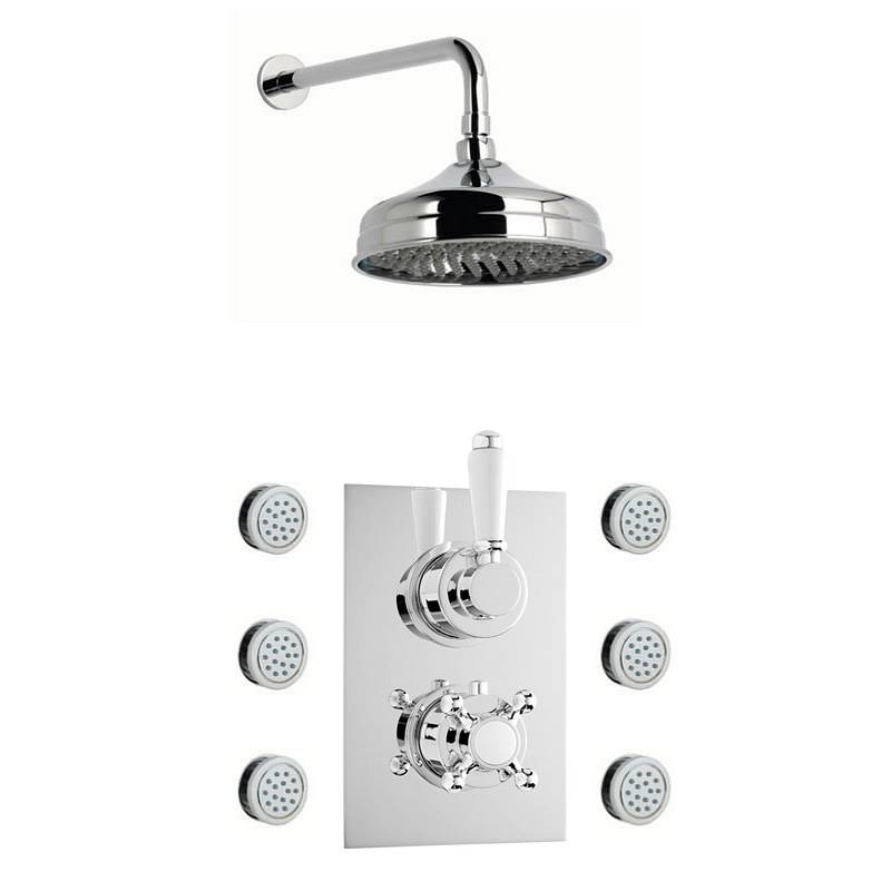 Traditional Thermostatic Twin Diverter Valve, Body Jets & Shower Head Set